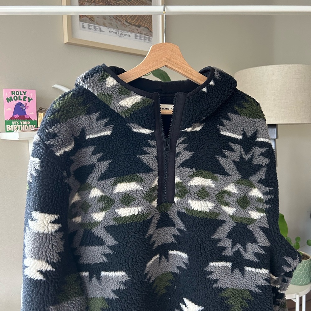 Lucky Brand Southwestern Aztec Print Hi Pile Heavy Sherpa Hooded Jacket Mens